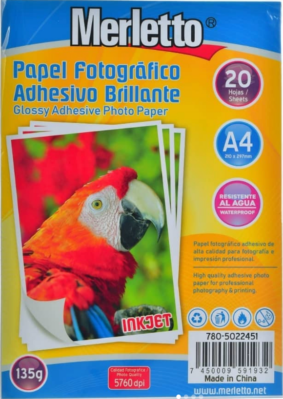 Papel Fotográfico Adhesivo Brillante - Resistente al Agua 20 hojas / 135g - Merletto